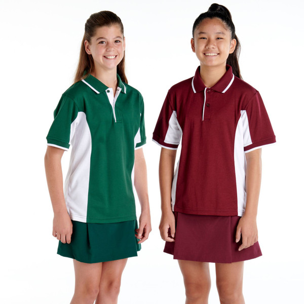 Kids stretch microfibre skorts in bottle green and maroon with matching contrast panel polo shirts featuring white trim