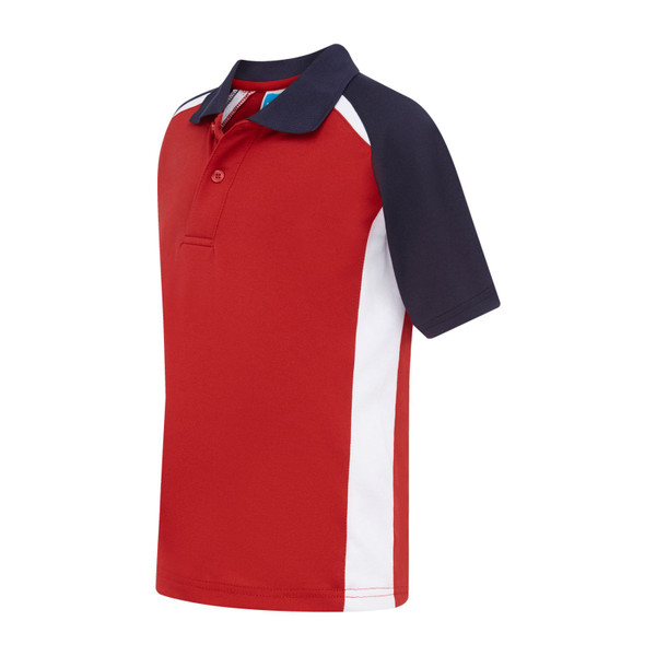 Red polo shirt with white side panels and navy raglan sleeves featuring contrast collar and button placket