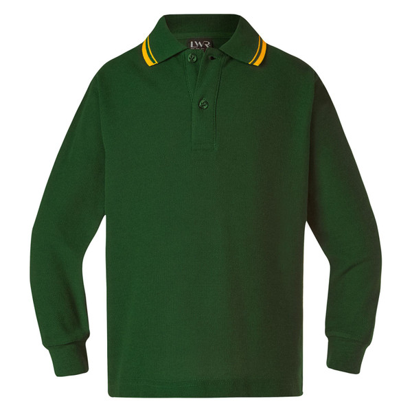 Bottle green long sleeve polo with gold and white tipped collar, featuring button placket and ribbed cuffs