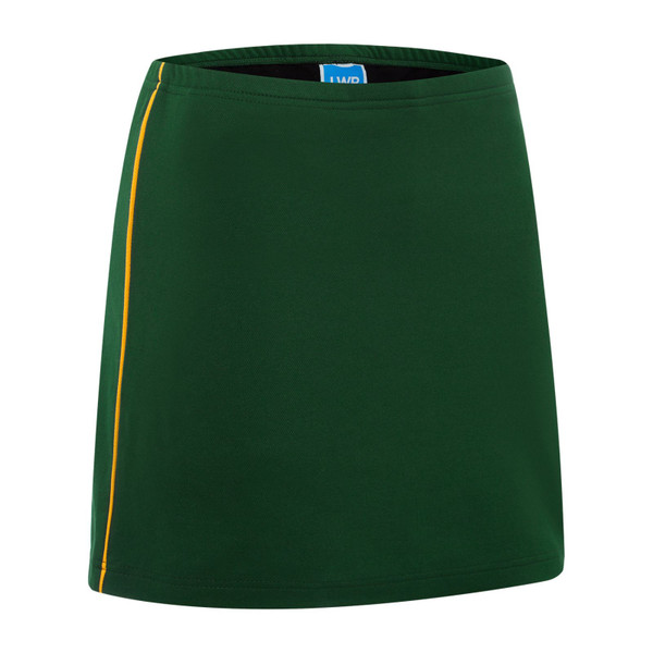 Forest green sports skort with gold contrast piping down the side seam