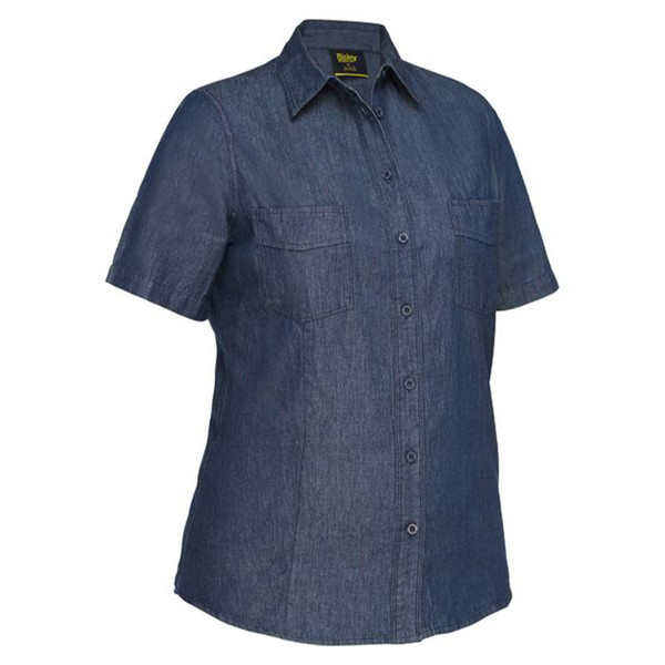 Women's short sleeve denim chambray work shirt with button front closure and twin chest pockets