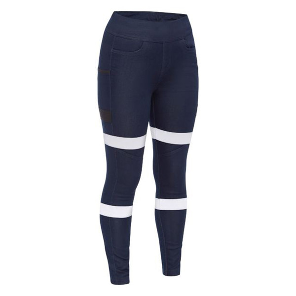 Navy high-waisted jeggings with white reflective tape strips at thigh and calf level