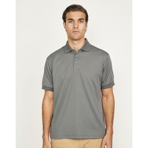 Man wearing a charcoal grey short sleeve polo shirt with three-button placket and ribbed cuffs