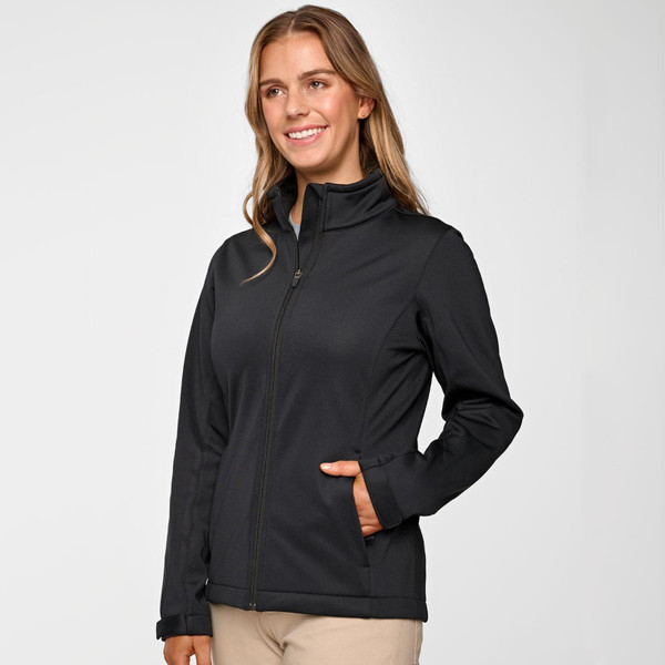 Black softshell jacket with full zip, stand collar, and side pockets on female model