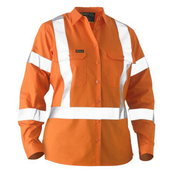 Women's orange hi vis long sleeve drill shirt with X-pattern and horizontal white reflective tape bands