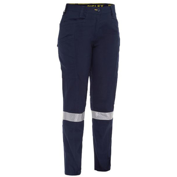 Navy women's ripstop cargo pants with reflective tape bands on lower legs, button waist, flat front