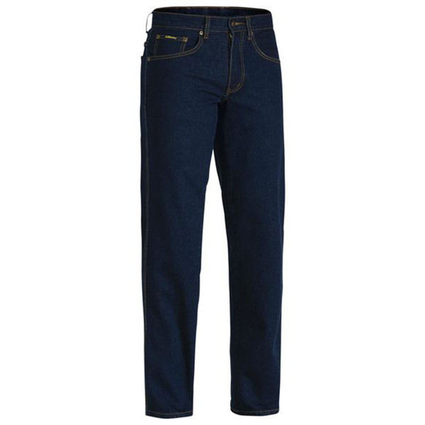 Dark indigo denim jeans with contrast stitching and classic five-pocket styling
