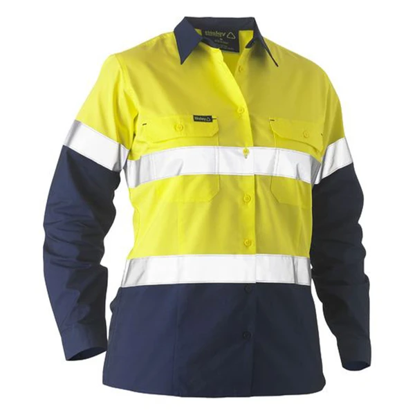 Hi-vis yellow and navy work shirt with white reflective tape across chest and sleeves, two chest pockets with flaps