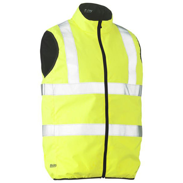 Hi vis yellow puffer vest with silver reflective tape, full-length zip and black contrast panels, packshot