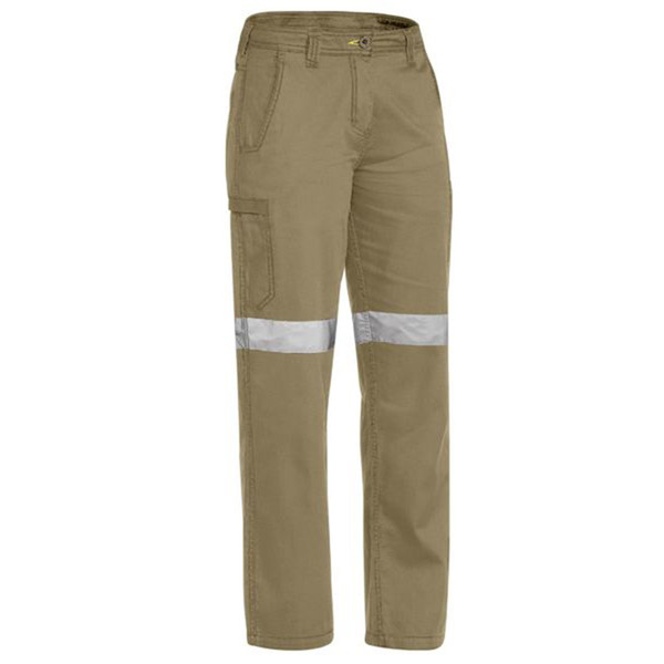 Khaki women's work pants with cargo pocket and reflective tape below knee, featuring vented panels