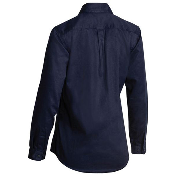 Navy long sleeve women's drill shirt rear view showing back pleat, yoke and button cuffs