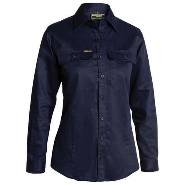 Navy long sleeve women's drill shirt with button front, twin chest pockets and gold Bisley branding