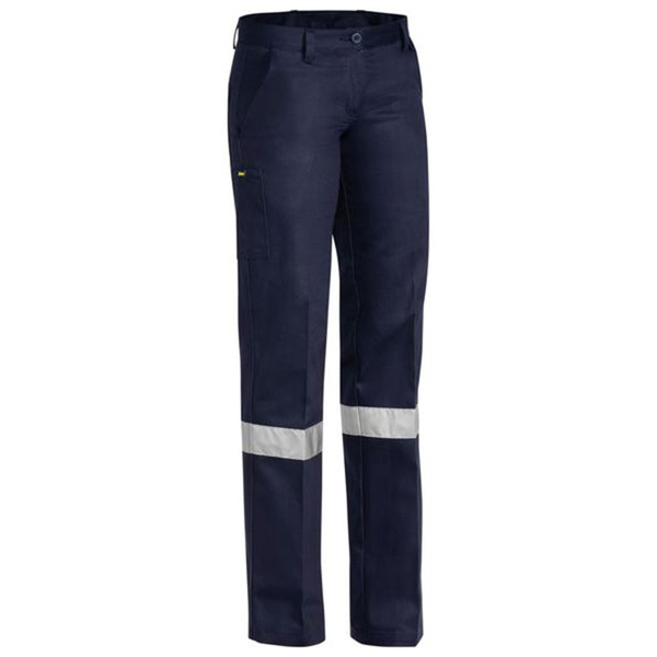 Navy drill work pants with silver reflective tape at lower legs and cargo pocket on thigh