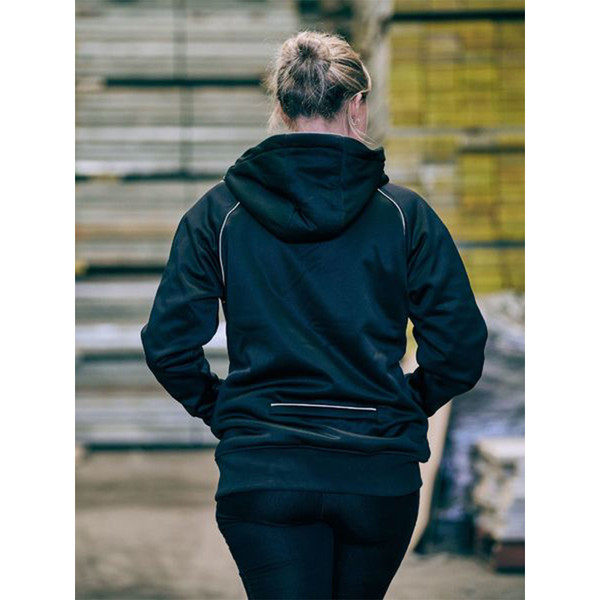 Back view of navy fleece hoodie with white piping trim detail and sherpa lining visible at hood edge