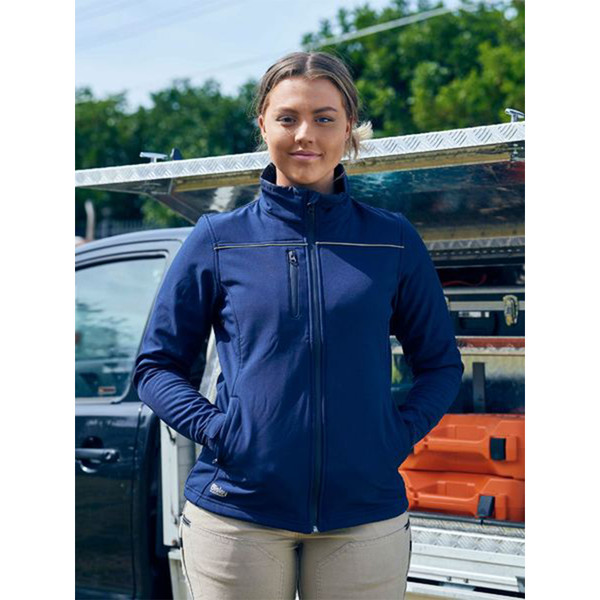 Navy softshell jacket with chest pocket and contrast grey piping detail worn by woman outdoors