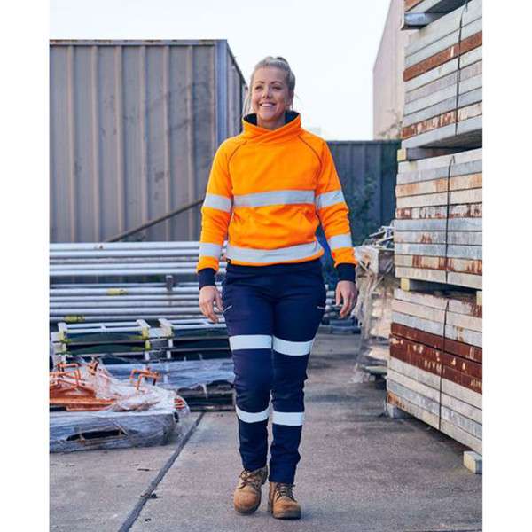 Navy stretch cotton work pants with silver reflective tape at knees and ankles, worn with hi-vis orange hoodie