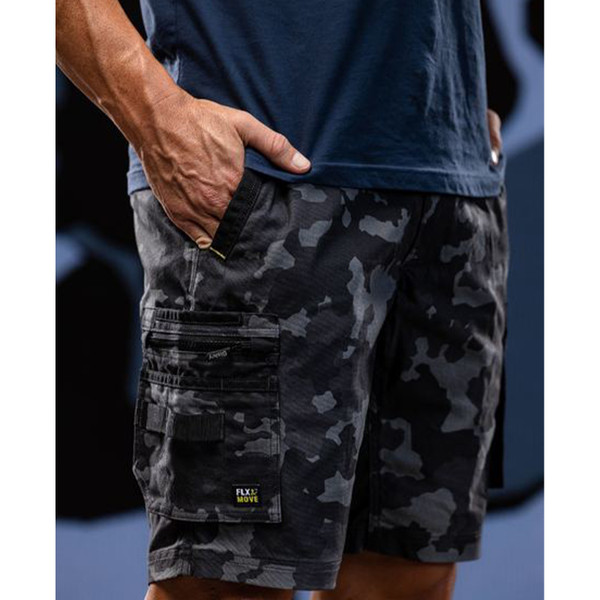 Charcoal grey camouflage cargo shorts with multi-pocket design and cargo pockets on thigh, paired with navy tee