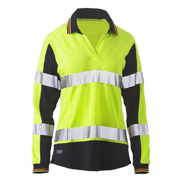 Bisley Womens Taped Two Tone Hi Vis V-Neck Long Sleeve Polo