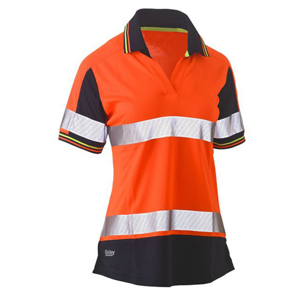 Hi-vis orange polo shirt with reflective tape, charcoal contrast shoulders and collar, button-free v-neck design