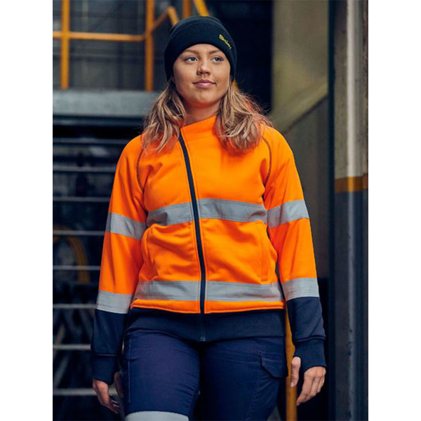 Orange hi-vis fleece hoodie with silver reflective tape and navy contrast panels, featuring full front zip