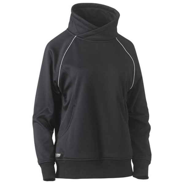 Charcoal fleece pullover with white piping detail along raglan sleeves and funnel neck collar