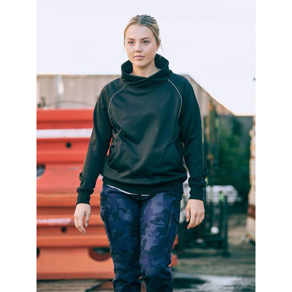 Navy fleece work jumper with contrast grey raglan sleeves and funnel neck collar