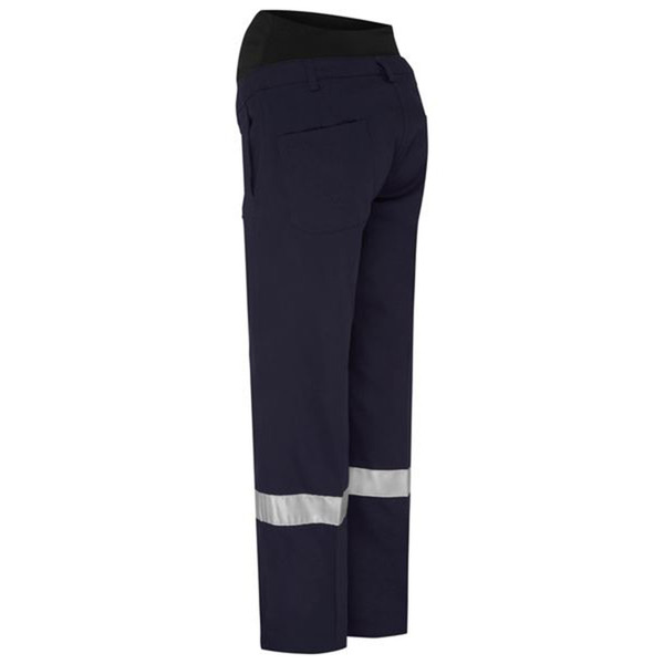 Navy maternity work pants with black stretch waistband and silver reflective tape on lower legs