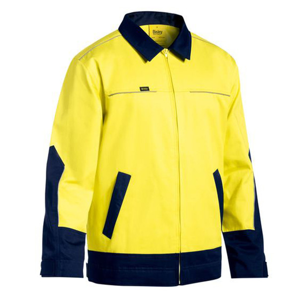 Hi-vis yellow drill jacket with navy collar, lower sleeves and contrast panels, chest pockets and front zip closure