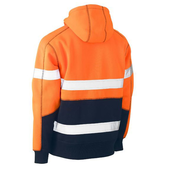 Fluorescent orange and navy fleece hoodie with silver reflective tape across back and sleeves, rear view