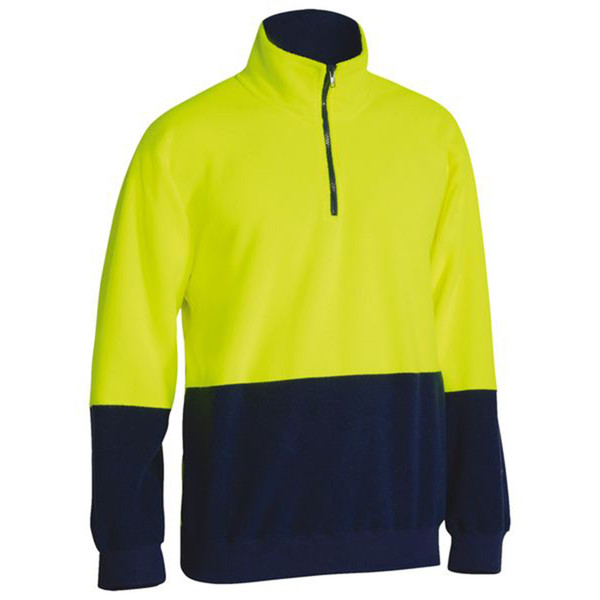 Hi-vis yellow and navy fleece pullover with quarter zip and contrast collar