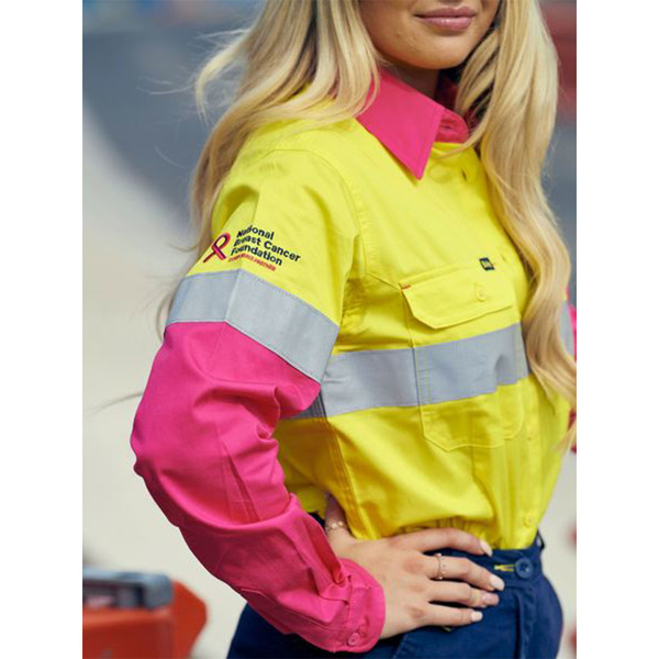 Hi-vis workshirt in yellow with fuchsia pink collar and sleeves, featuring silver reflective tape and chest pocket