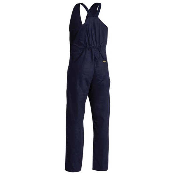 Navy action back overall with adjustable straps and drawstring waist featuring reinforced knee panels