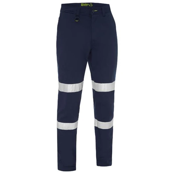 Navy work pants with silver reflective tape at knees and calves, featuring belt loops and side pocket