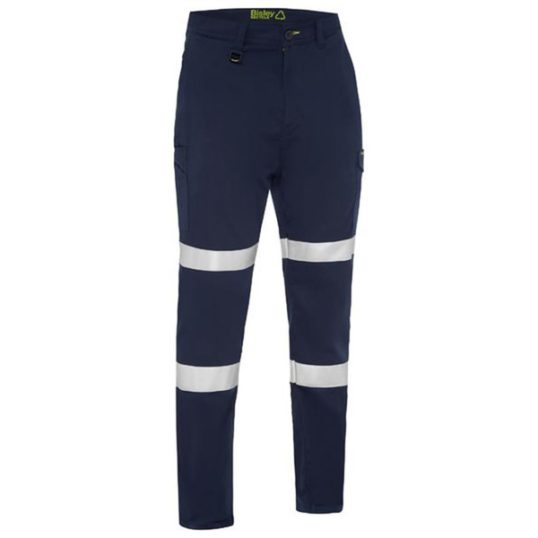Navy cargo work pants with dual white reflective biomotion tape bands on lower legs and side pockets