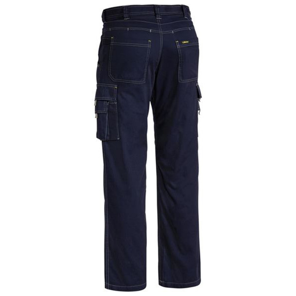 Navy cargo pants with contrast stitching, side cargo pockets, and belt loops shown from back angle