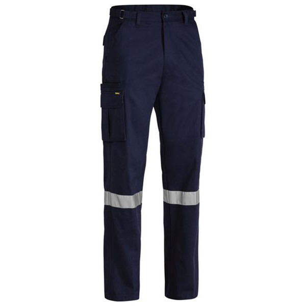 Navy cargo pants with silver reflective tape at knees and cargo pockets with flap closure