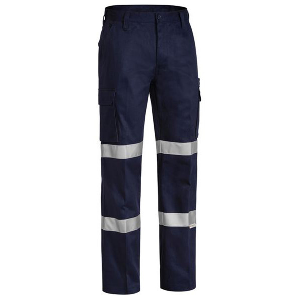 Navy work pants with silver reflective tape on legs and cargo pocket on thigh