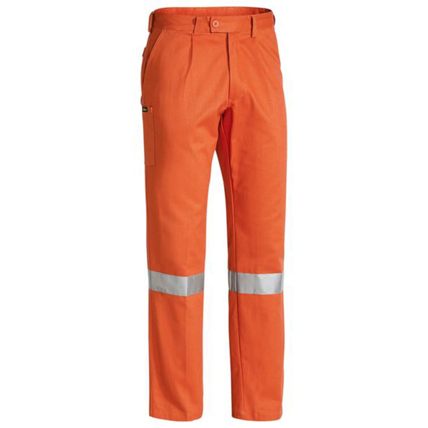 Orange hi-vis work pants with silver reflective tape around lower legs and cargo pocket detail