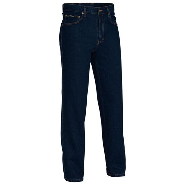 Dark indigo denim jeans with contrast stitching, five-pocket styling, and belt loops
