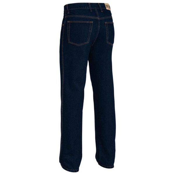 Dark navy denim jeans with contrast stitching and traditional five-pocket styling, back view