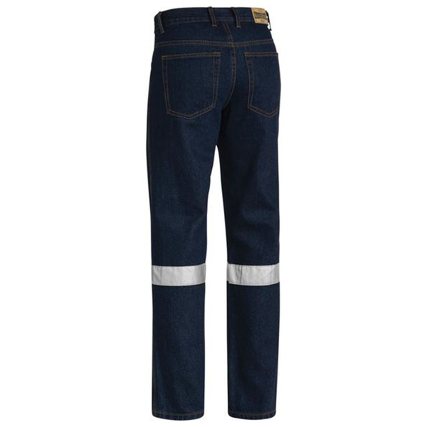 Rear view of navy denim work jeans with reflective tape band above the knee and gold contrast stitching