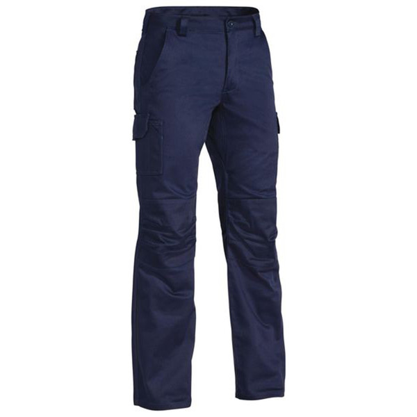 Navy cargo work pants with side pockets and reinforced knee panels