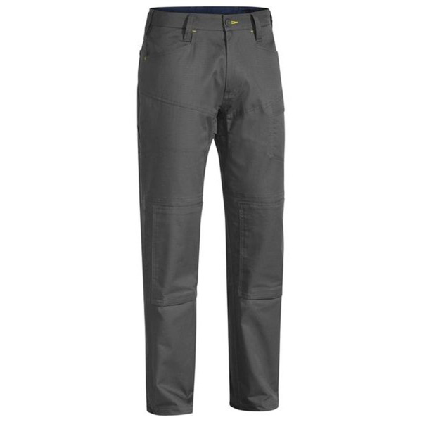 Charcoal grey ripstop work pants with reinforced knee panels and vented mesh sections at thighs