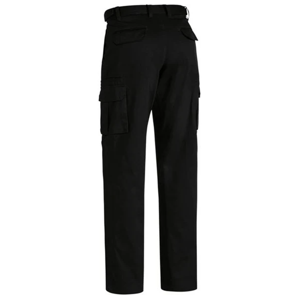 Black cargo pants with multiple utility pockets on legs and waistband belt loops