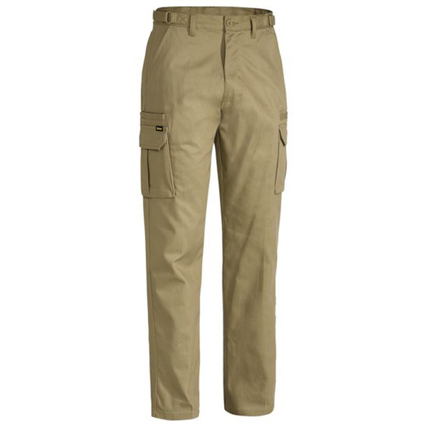 Khaki cargo pants with dual front leg pockets and belt loops on plain background