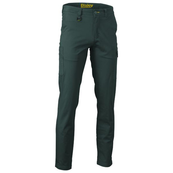 Bottle green stretch cargo pants with side leg pocket and button waist closure
