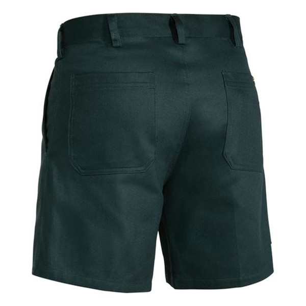 Deep bottle green cotton drill work shorts with back patch pockets and belt loops