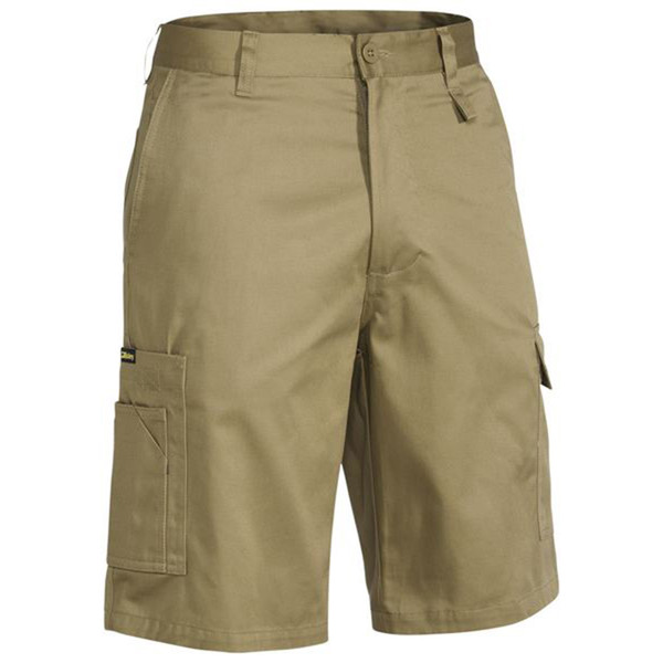 Khaki cargo shorts with utility pockets on legs and button waist closure