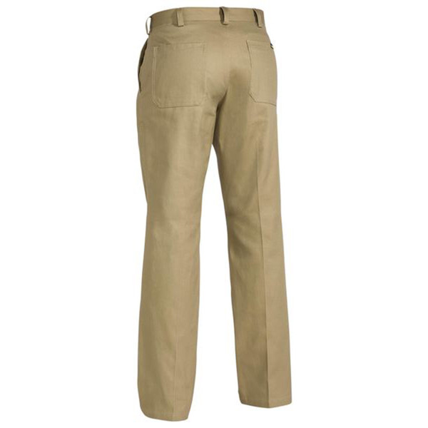 Khaki cotton drill work pants rear view showing back pockets and belt loops