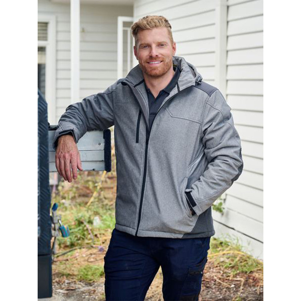 Grey marle hooded jacket with adjustable hood, chest panel detail and zip pockets worn over navy pants